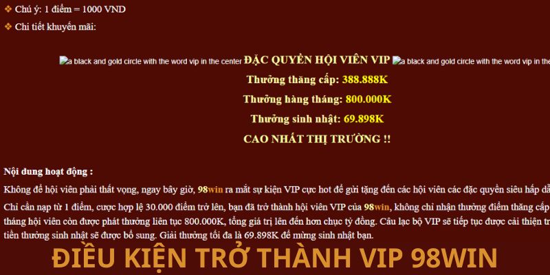 Những điều kiện để hội viên trở thành thành viên VIP 98WIN